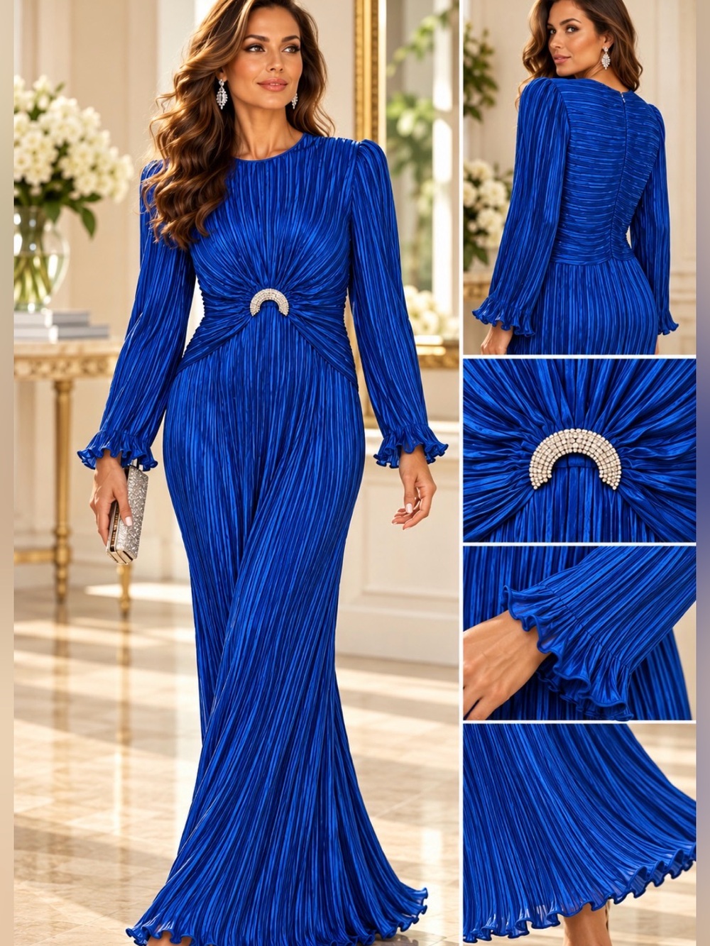 George F. Couture Vintage Size 12 Royal Blue Pleated Rhinestone Statement dress